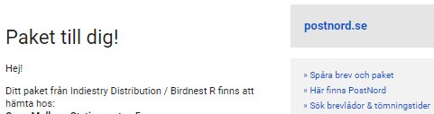 E-postmeddelande från PostNord med titeln "Paket till dig!" och delar av en text till en mottagare.