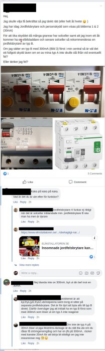 Skärmdump från en Facebook-diskussionstråd som visar elcentral med jordfelsbrytare och kommentarer om deras installation.