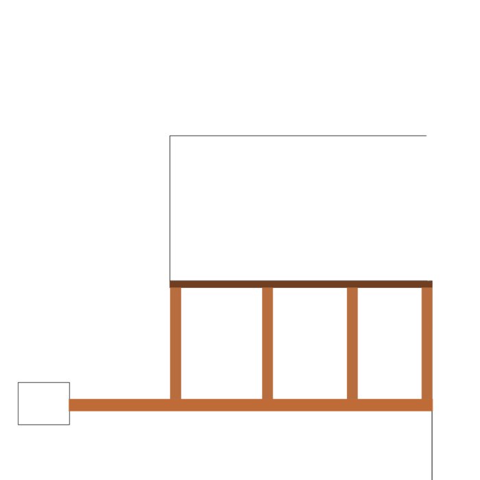 Schematisk skiss av ett planerat förvaringsloft i carport med stolpar och bärlinor.