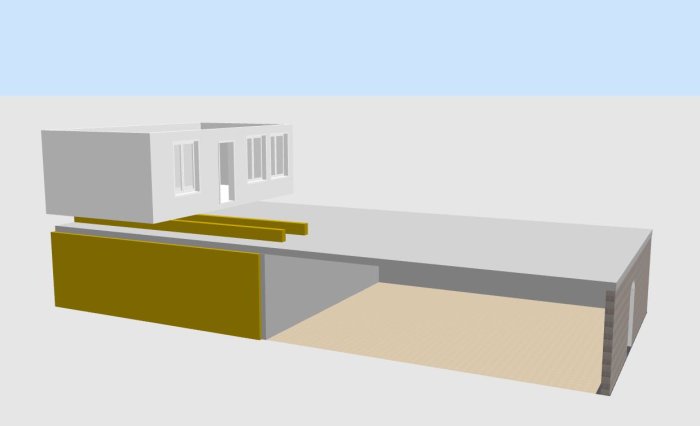 3D-modell av byggplats med 10-meters masonitbalk, valvad "grotta" och husmodell på tomten.