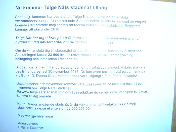 Bild av ett informationsbrev om anslutning till stadsnät med detaljer om kostnader och avtal från Telge Nät.