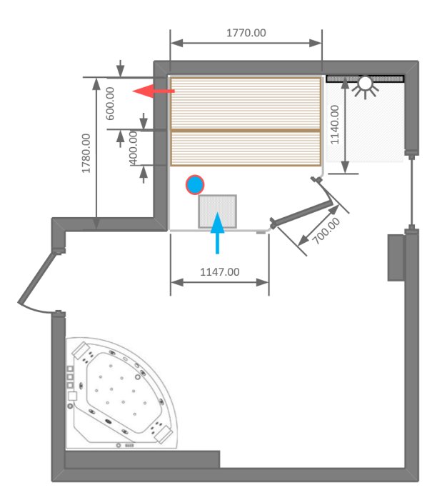 Ritning av bastu i källare med markerade ventilationspunkter: blå pil indikerar tilluft och röd pil frånluft.