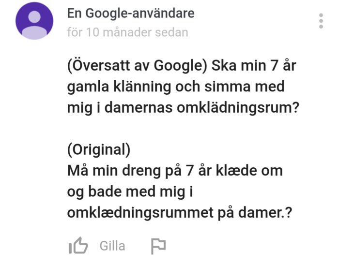 Skärmdump av ett foruminlägg med felöversatt text från danska till svenska via Google Translate.