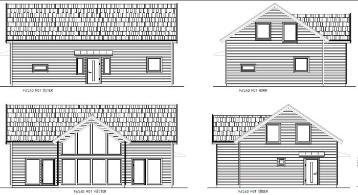 Ritningar som visar fyra fasader av ett hus – öster, norr, väster och söder.