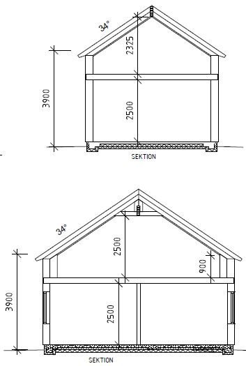 Två tekniska ritningar av byggsektioner med måttangivelser för ett husprojekt.