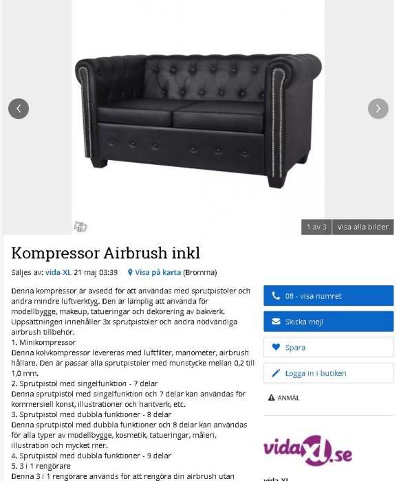 Svart Chesterfield-soffa med knappdetaljer och silvernitar som felaktigt visas som en kompressor.