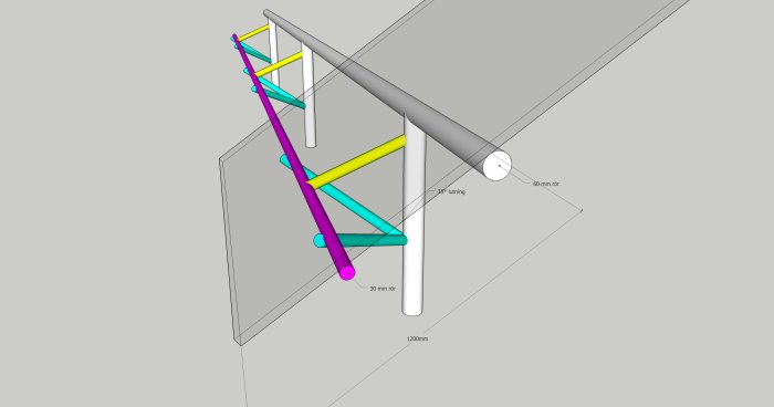 3D-ritning av rörsystem med färgkodade stöd och måttangivelser för byggprojekt.