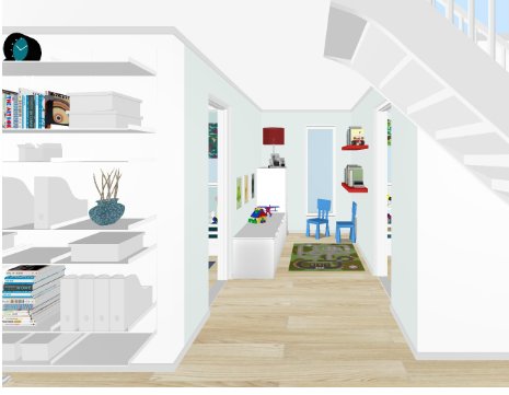 3D-modell av en hall med obeveklig trappa, intilliggande bokhylla med arbetsbord och vy mot ett inrett lekrum.