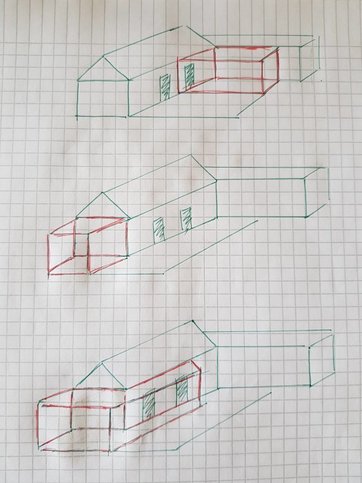 Handritade skisser som visar tre olika designalternativ för inglasade altaner och uterum till ett hus.