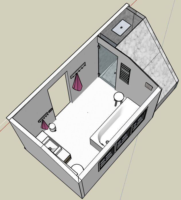 3D-skitss av badrum med dubbelhandfat, badkar under snedtak och walk-in dusch.