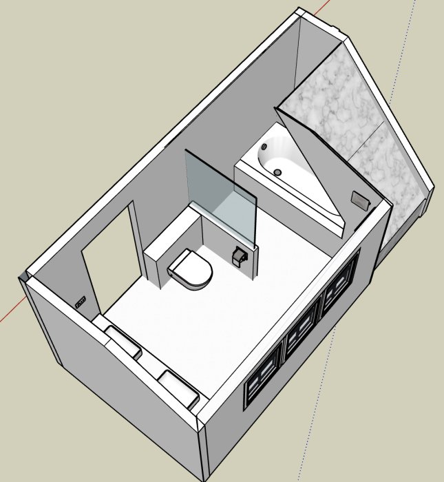 3D-skiss av badrum med badkar under snedtak, dubbelhandfat och walk in-dusch.