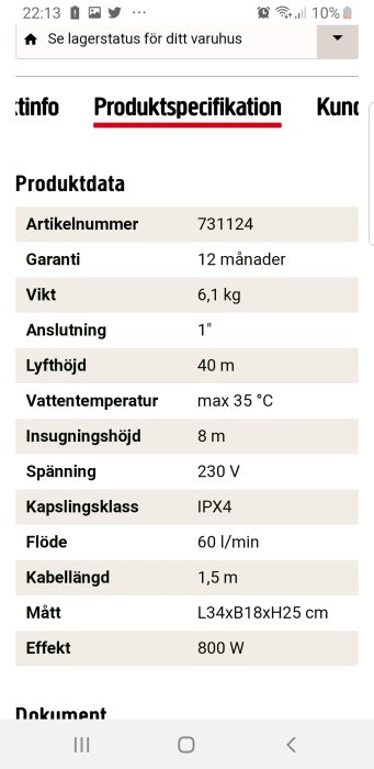 Skärmdump av produktspecifikation för en trädgårdspump med detaljer som vikt, flöde och effekt.