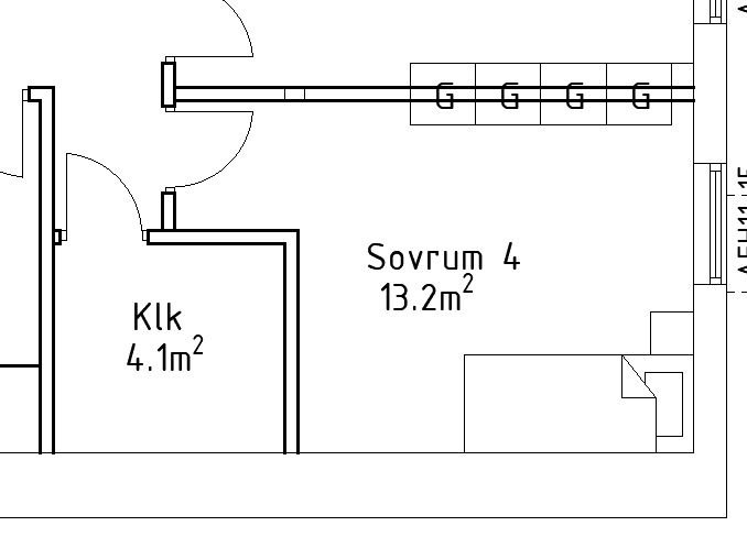 Arkitektonisk ritning av rum med angivna mått för Klk (klädkammare) och Sovrum 4.