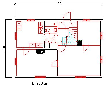 Planritning över en våning i ett hus med markerade områden för tillbyggnad, möbler och måttangivelser.