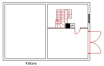 Planritning som visar befintlig källare i ett hus med markerad tillbyggnad.