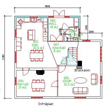 Ritning av entreplan för ett hus med måttsatta rum, möblering och en markerad tillbyggnad.