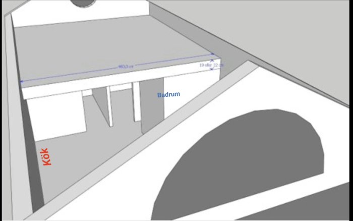 3D-ritning av ett hus med öppet loft, markerat kök och badrum, stor potential för ventilering.