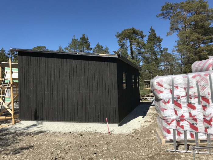 Nybyggd svartmålad träfasad på hus med byggmaterial i förgrunden och skog i bakgrunden.