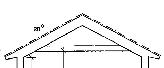 Linjeteckning som visar snitt av takkonstruktion med 28 graders lutning och markerade ventilationsspår.