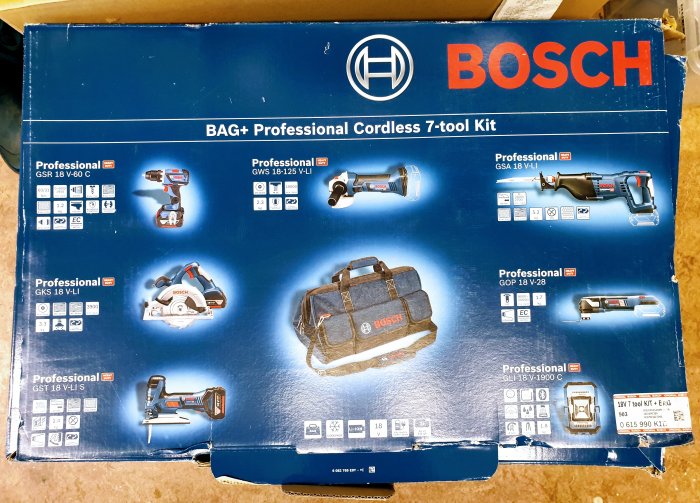 Bosch BAG+ Professional Cordless 7-tool Kit-förpackning med olika verktyg visade.