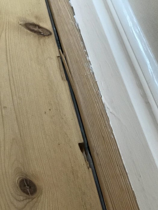 Glapp mellan en golvplanka och en vitmålad smyglist vid en väggkant.
