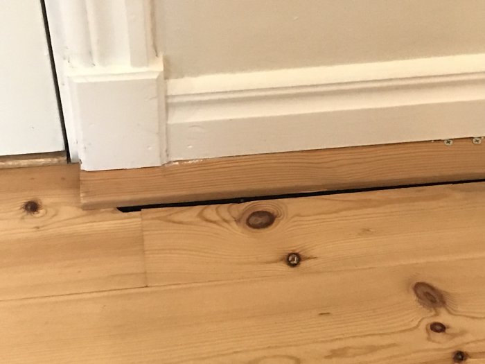 Glappet mellan golvplankor och vit smyglist vid en dörrpost som behöver täckas eller ersättas.