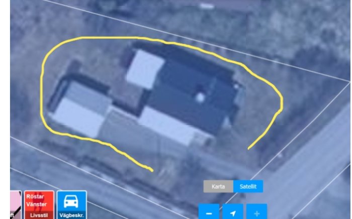 Satellitbild på ett hus med markerad gul linje som visar en stig runt fastigheten.