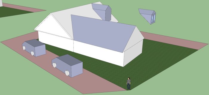 3D-modell av en husutbyggnad med separata garageenheter och en figur.