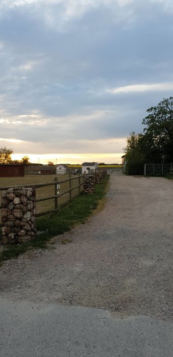 Grusväg som leder till en inkörsel på en lantlig fastighet med staket och vedstapel vid solnedgången.