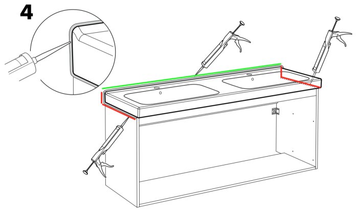 Illustration av badrumsskåp med dubbla handfat där områden för silikonapplicering är markerade i rött och grönt.