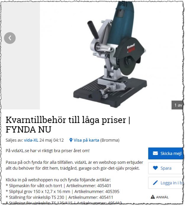 Bild på en blå och svart vinkelslipmaskin på grått underlag med textannonser runtomkring.