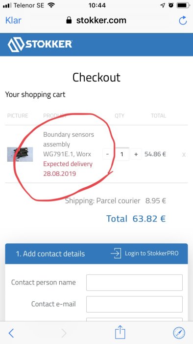 Skärmdump av en online kundvagn med markerad rad visande en gränsensor med leveransdatum 28.08.2019.
