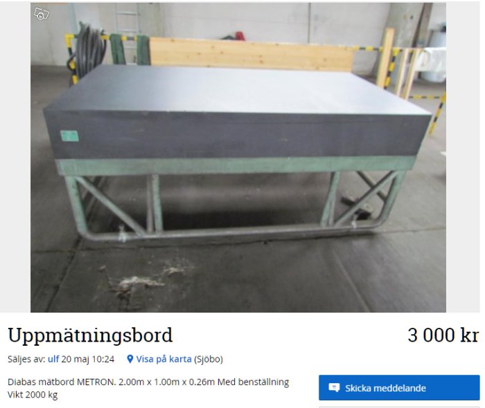 Stadigt upp-mätningsbord av märket DIABAS i industriell miljö, mått 2.0 x 1.0 x 0.26 meter, grått med stålunderrede.