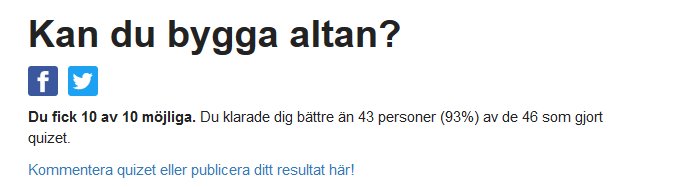 Skärmklipp av resultatsidan för ett online quiz med rubriken "Kan du bygga altan?" där någon fått full poäng.