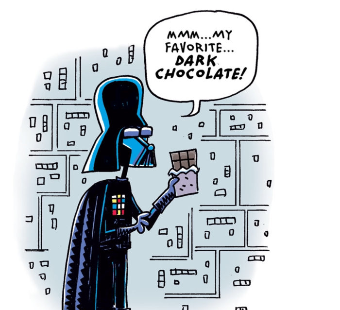 Seriefigur föreställande Darth Vader som håller en bit mörk choklad och säger "mmm...my favorite...dark chocolate!
