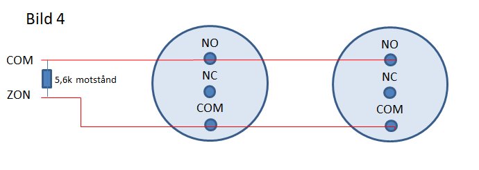 Schema över koppling av två rökdetektorer med linjer som visar anslutningar och ett motstånd.