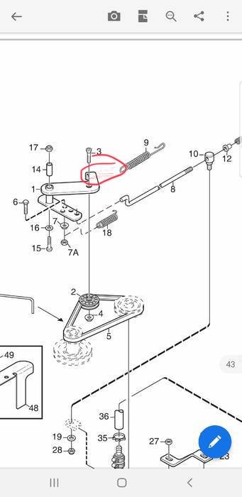 Schematisk bild av en gräsklippares delar med en markering vid komponent 9 för att illustrera en möjlig felplacering.