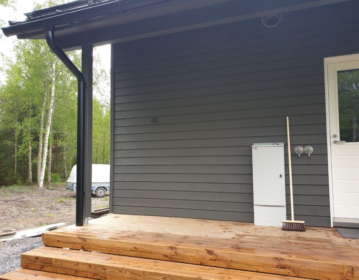 En trätrappa under ett husets tak med en elskåp till höger, intill en vattenpost och en sopkvast mot väggen.