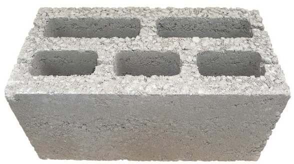 Concrete hollow block with four rectangular openings, resembling standard masonry blocks, used in construction for structural support.