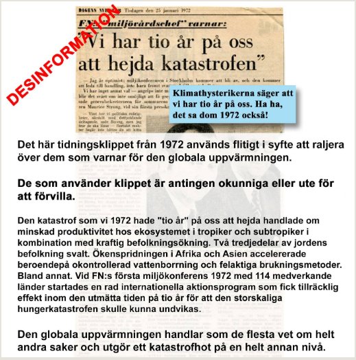 Tidningsurklipp från 1972 med påstående om klimatkatastrof och text som anklagar för desinformation.