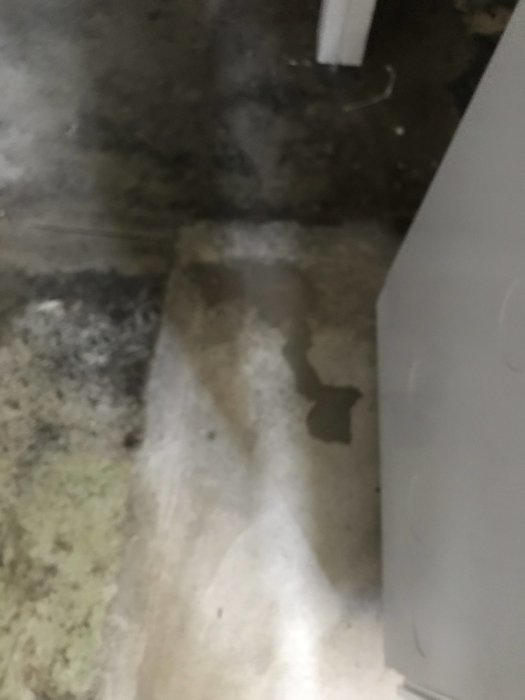 Vattenläckage på källargolvet nära värmesystemets inomhusdel.