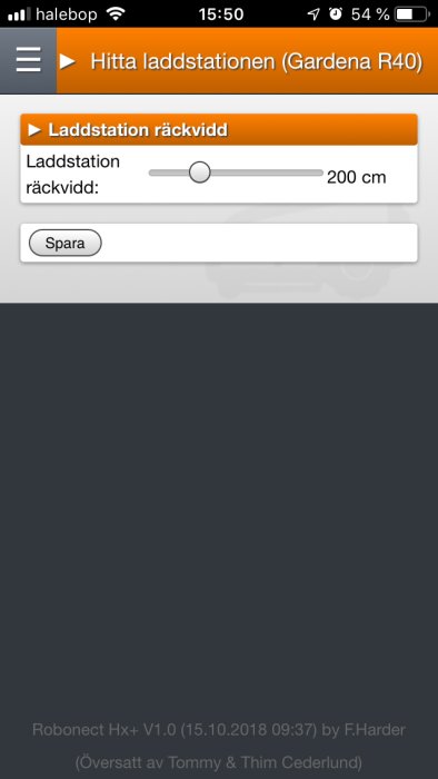Skärmbild av en applikation för inställning av laddstations räckvidd på 200 cm.