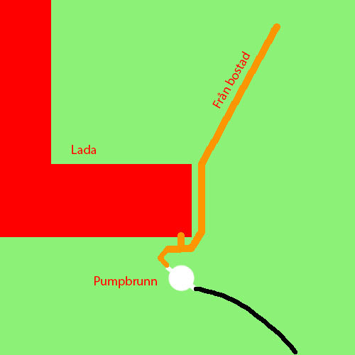 Schematisk bild av VA-anläggning med pumpbrunn, och rördragning med 110-gradig krök nära en lada.