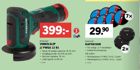 Parkside vinkelslip och paket med kapskivor med priset och produktspecifikationer.