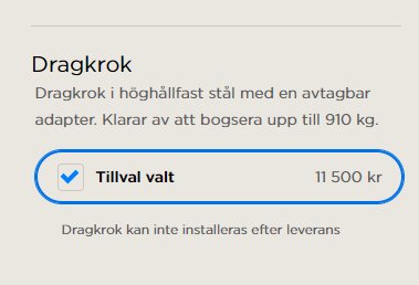 Skärmbild som visar tillval för dragkrok kostnaden 11 500 kr, markerat som "Tillval valt".