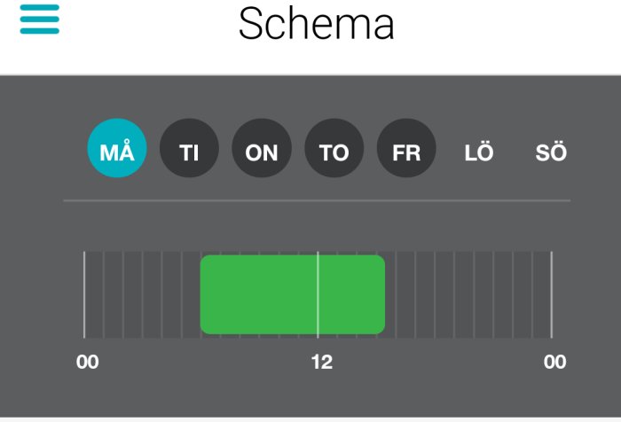 Appskärm för schema med aktiverad måndag och tidsblock markerat mellan kl 12 och 00.