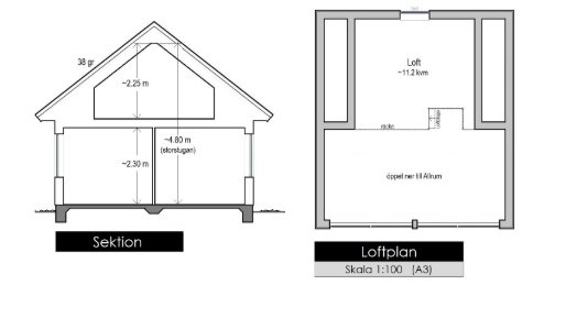 Ritningar av ett fritidshus, sektionsvy med takstolar och loftplan med öppen del till nock.