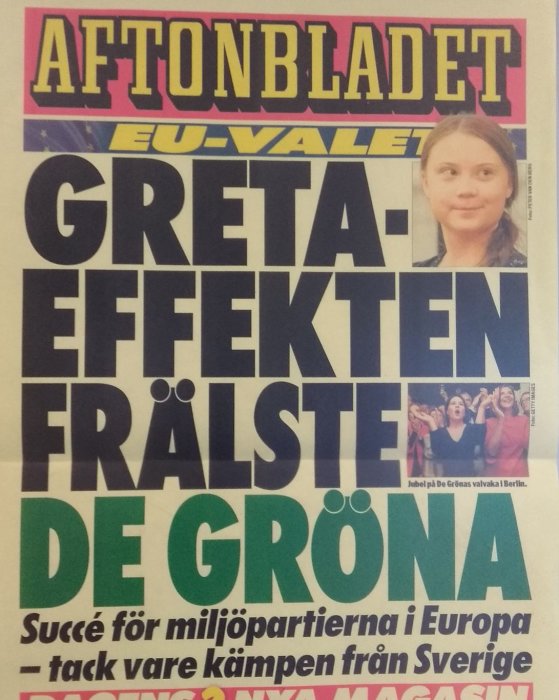 Framsidan av Aftonbladet med rubriken "Greta-effekten frälste de gröna", bild på Greta Thunberg och firande människor.