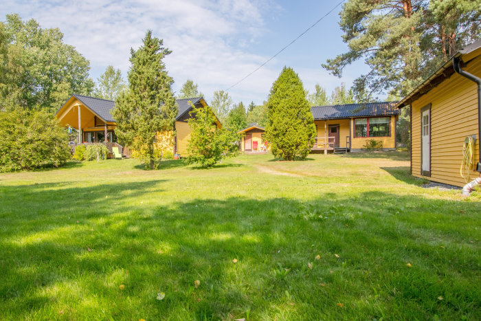 Vy över trädgård med huvudbyggnad och snickeri, gästhus och garage i sommarsol.