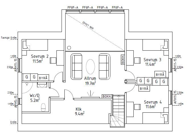 Ritning av husplan med bjälklagsöppning, fyra sovrum, allrum, två toaletter och trappa vid entrén.